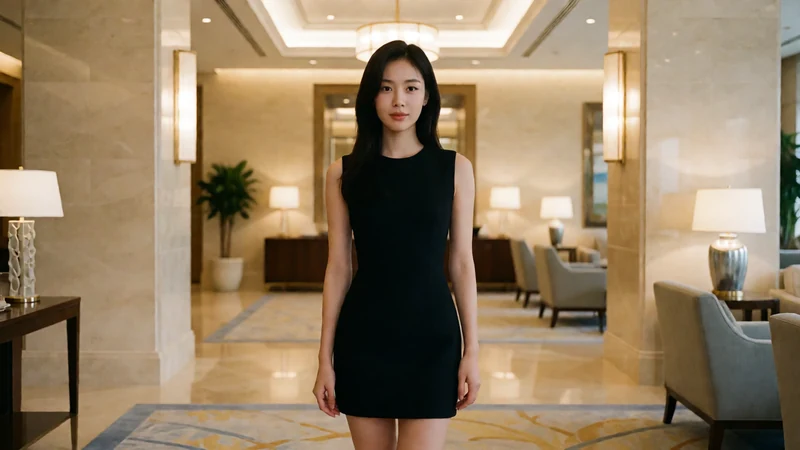 秀人网风格写真首页主题图:虚构成年模特穿黑色短礼服站在暖色酒店大厅的近景